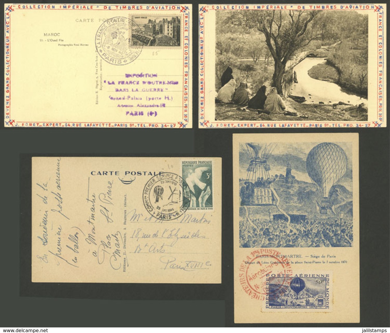 FRANCE: 2 Postcards Of The Years 1945 And 1946 With Special Postmarks, Topic MAPS, Hot Balloons, Windmill, VF Quality! - Sonstige & Ohne Zuordnung