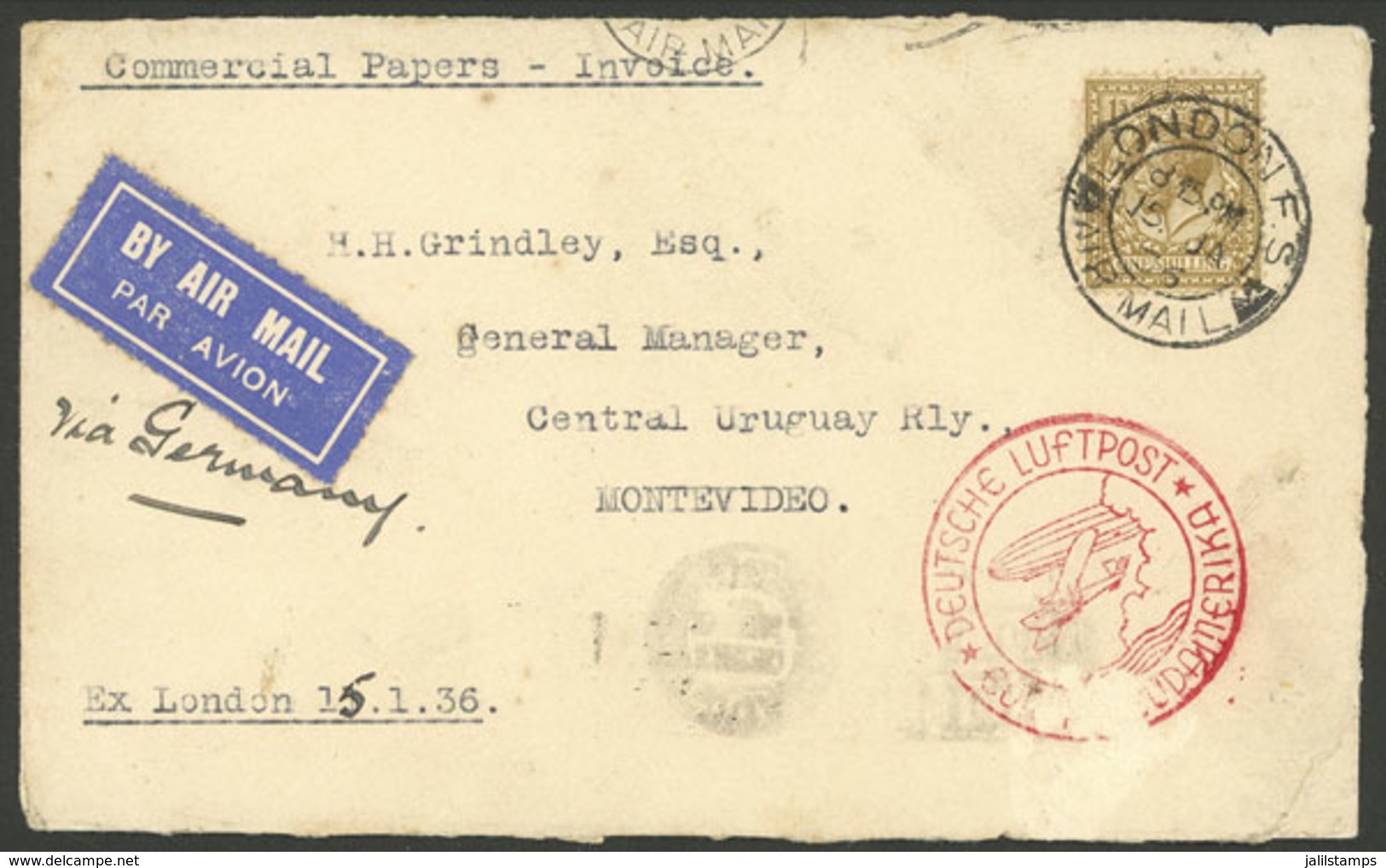 GREAT BRITAIN: 15/JA/1936 London - Uruguay, Airmail Cover Sent By German DLH Franked With 1S., With Arrival Bakcstamp Of - Brieven En Documenten