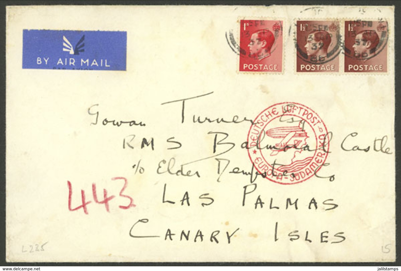 GREAT BRITAIN: 13/AP/1937 London - Las Palmas (Canary Islands), Airmail Cover Flown By German DLH Franked With 4p., On B - Brieven En Documenten