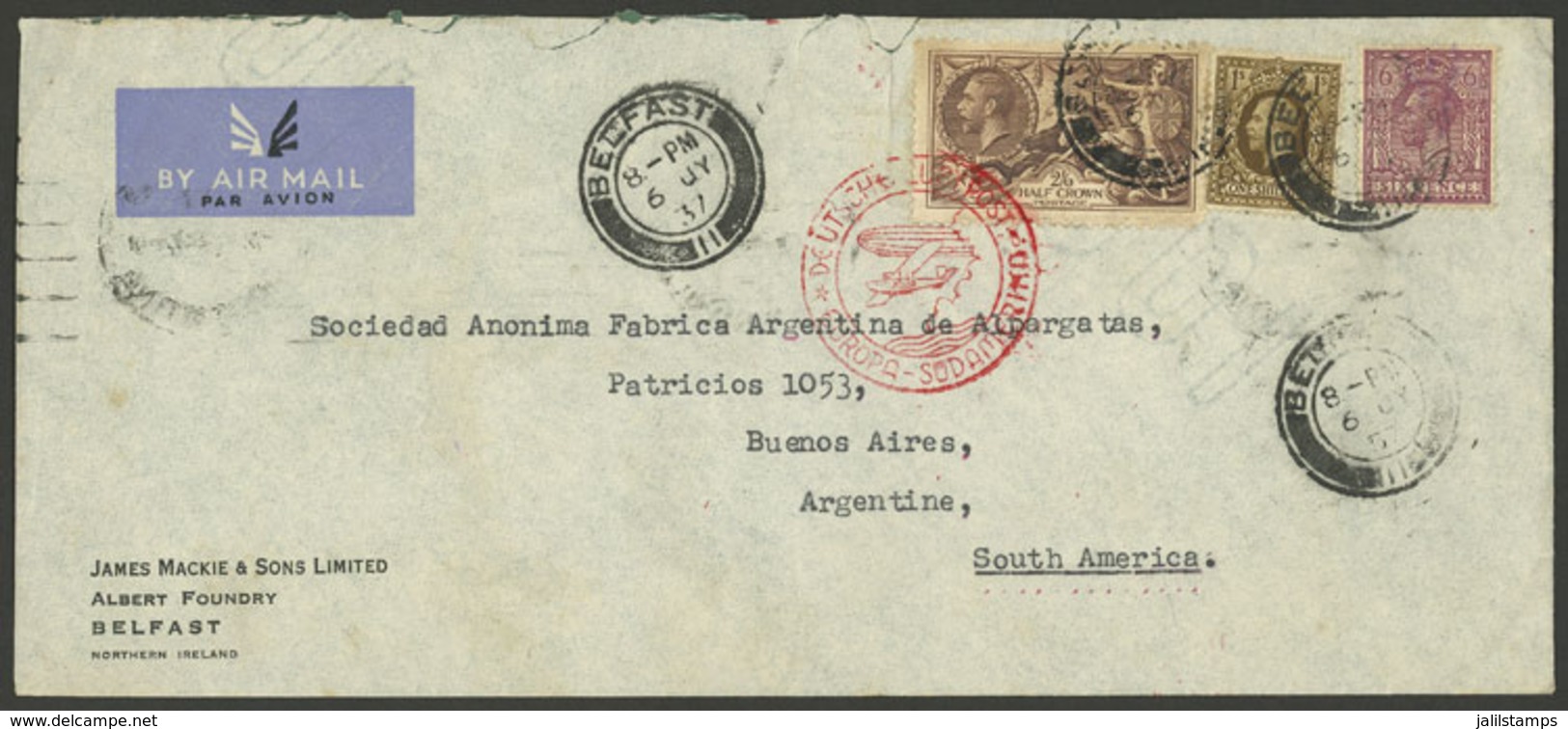 GREAT BRITAIN: 6/JUL/1937 Belfast - Argentina, Airmail Cover With Nice Postage Flown By German DLH, On Back Buenos Aires - Brieven En Documenten