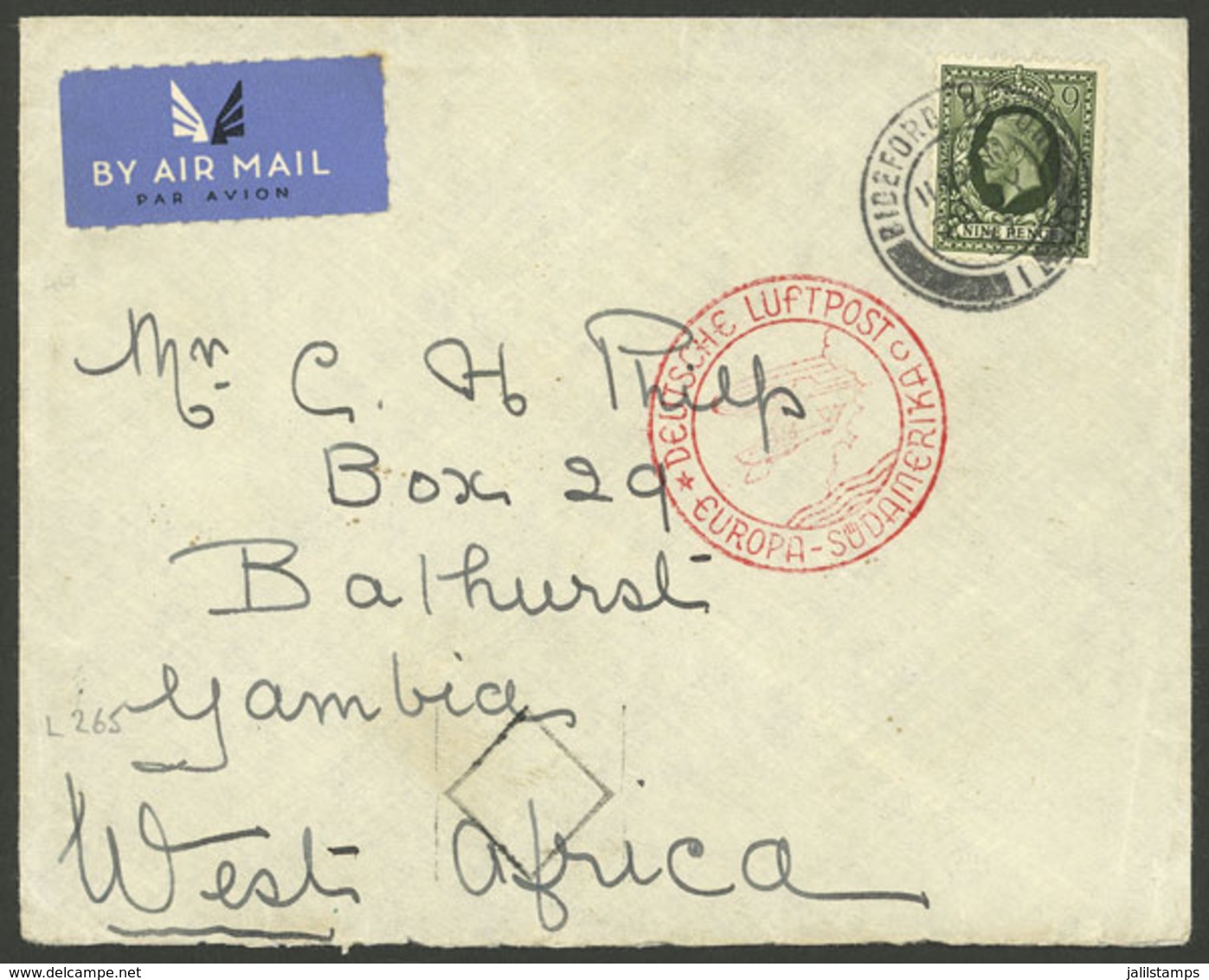 GREAT BRITAIN: 20/JUL/1937 Bideford - Gambia, Airmail Cover Sent By German DLH, With Arrival Backstamp Of Bathurst 30/JU - Brieven En Documenten
