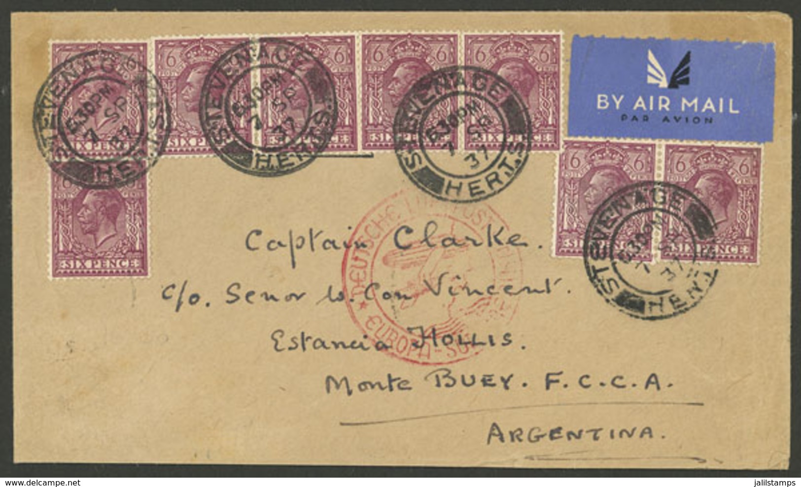 GREAT BRITAIN: 7/SE/1937 Stevenage - Argentina, Airmail Cover Sent By German DLH, With Buenos Aires Backstamp Of 12/SE,  - Brieven En Documenten