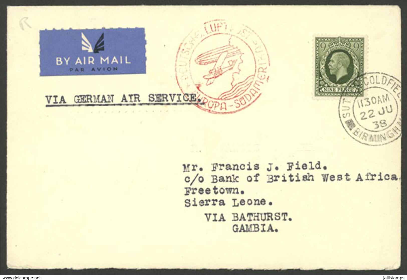 GREAT BRITAIN: 22/JUN/1938 Sutton Coldfield - Sierra Leona, Airmail Cover Sent By German DLH To Bathurst, Gambia (arriva - Brieven En Documenten