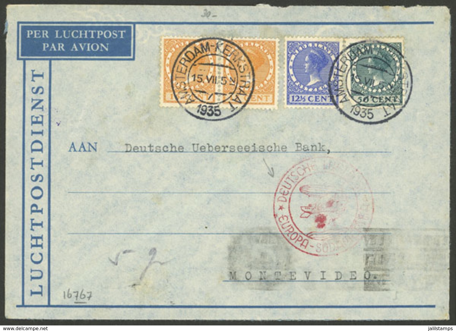 NETHERLANDS: 15/JUL/1935 Amsterdam - Uruguay, Airmail Cover Sent By German DLH, On Back Arrival Mark Of Montevideo 22/JU - Lettres & Documents