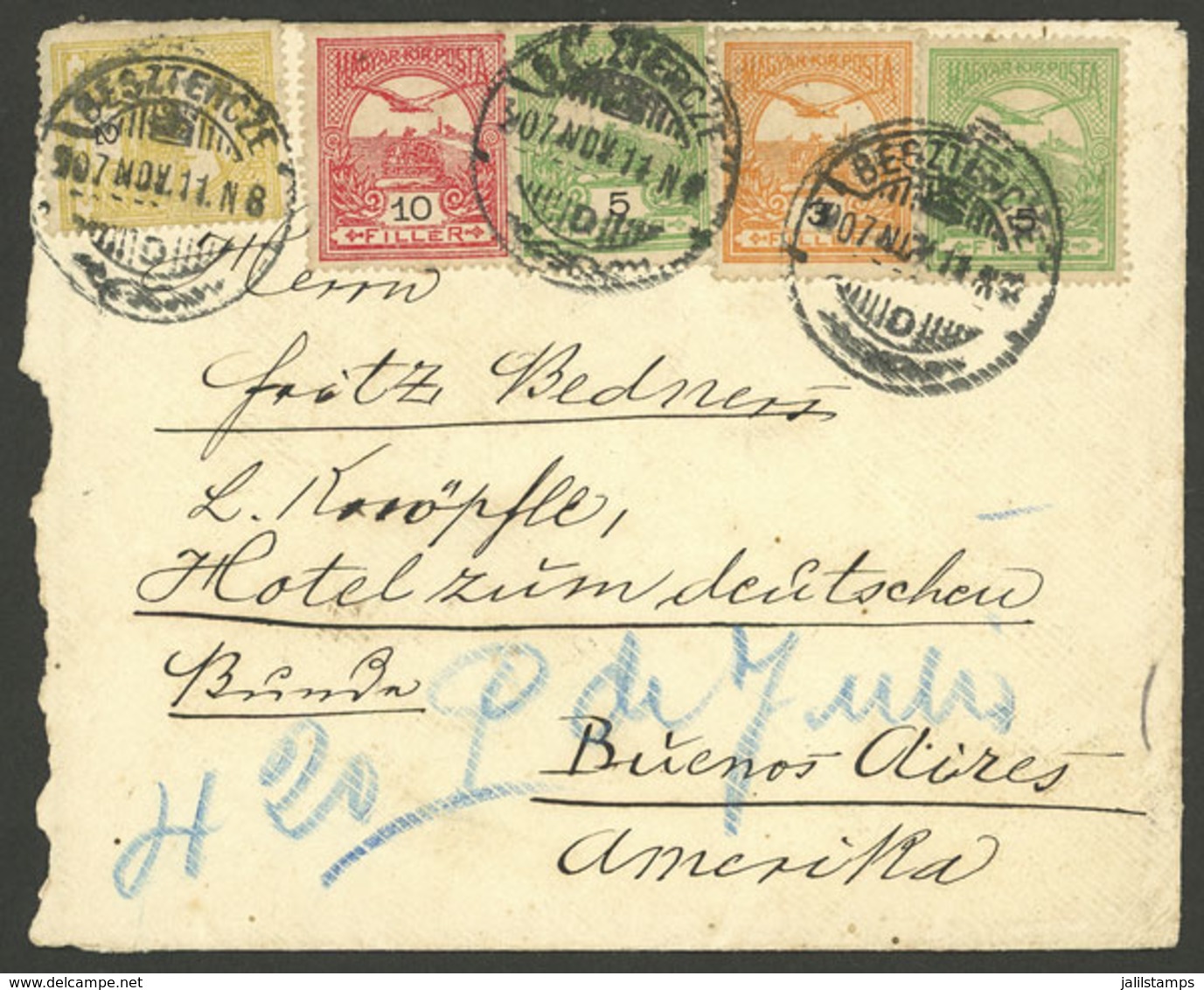 HUNGARY: 11/NO/1907 Besztercze - Argentina, Cover With Very Nice 4-color Franking, Transit Backstamp Of Paris And Buenos - Briefe U. Dokumente