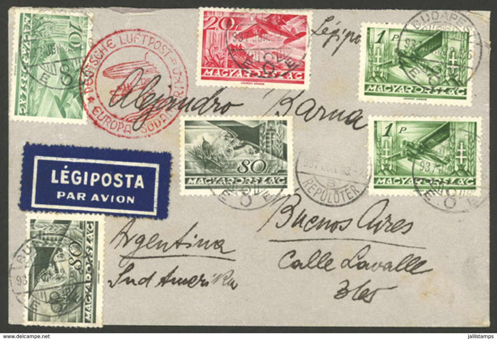 HUNGARY: 22/JUN/1937 Budapest - Argentina, Airmail Cover Flown By German DLH Franked With 3.90P., Buenos Aires Arrival B - Briefe U. Dokumente