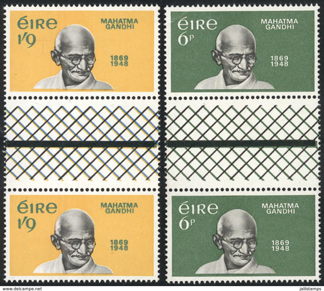 IRELAND: Sc.275/276, 1969 Gandhi, Cmpl. Set Of 2 Values In Gutter Pairs, VF Quality! - Ungebraucht