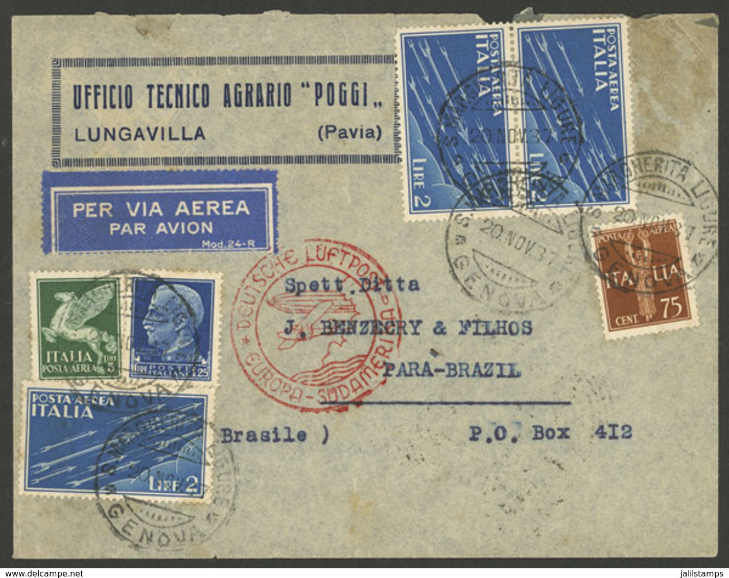 ITALY: 20/NO/1937 Genova - Brazil, Airmail Cover By German DLH Franked With 13L., Arrival Backstamp Of Belem 27/NO, Smal - Sonstige & Ohne Zuordnung