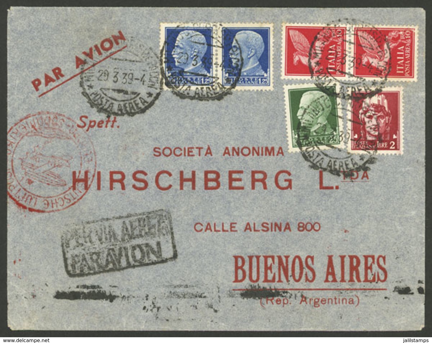 ITALY: 29/MAR/1939 Milano - Argentina, Airmail Cover Sent By German DLH Franked With 24.75L., With Arrival Backstamp Of  - Sonstige & Ohne Zuordnung
