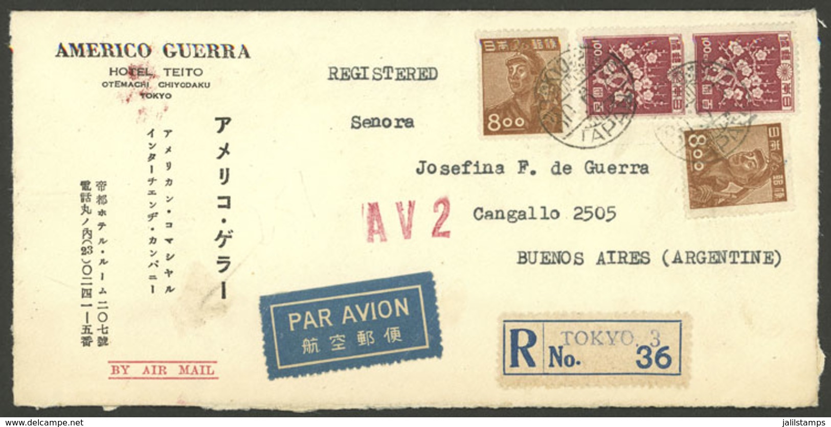 JAPAN: 30/JUN/1949 Tokyo - Argentina, Registered Airmail Cover, With USA Transit Mark On Back, VF Quality! - Storia Postale