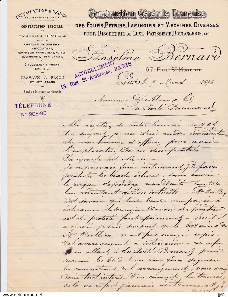 PARIS ANSELME BERNARD CONSTRUCTION DES FOURS PETRINS LAMINOIRS POUR BISCUIT DE LUXE PATISSERIE BOULANGERIE ANNEE 1899 - Autres & Non Classés