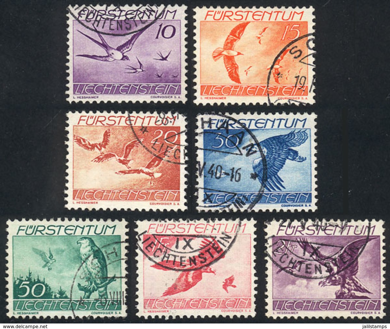 LIECHTENSTEIN: Sc.C17/C23, 1939 Birds, Cmpl. Set Of 7 Used Values, VF Quality, Catalog Value US$47+ - Posta Aerea