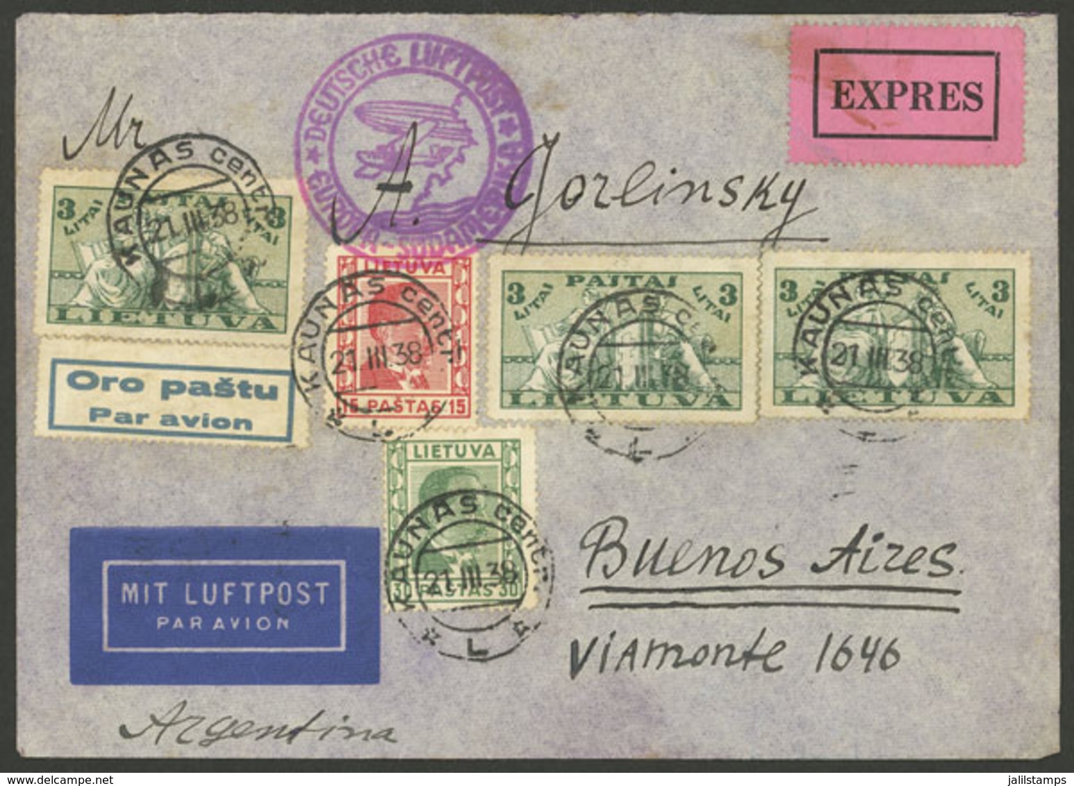 LITHUANIA: 21/MAR/1938 Kaunas - Argentina, Express Airmail Cover Sent By German DLH Franked With 9.45L., On Back Transit - Litauen