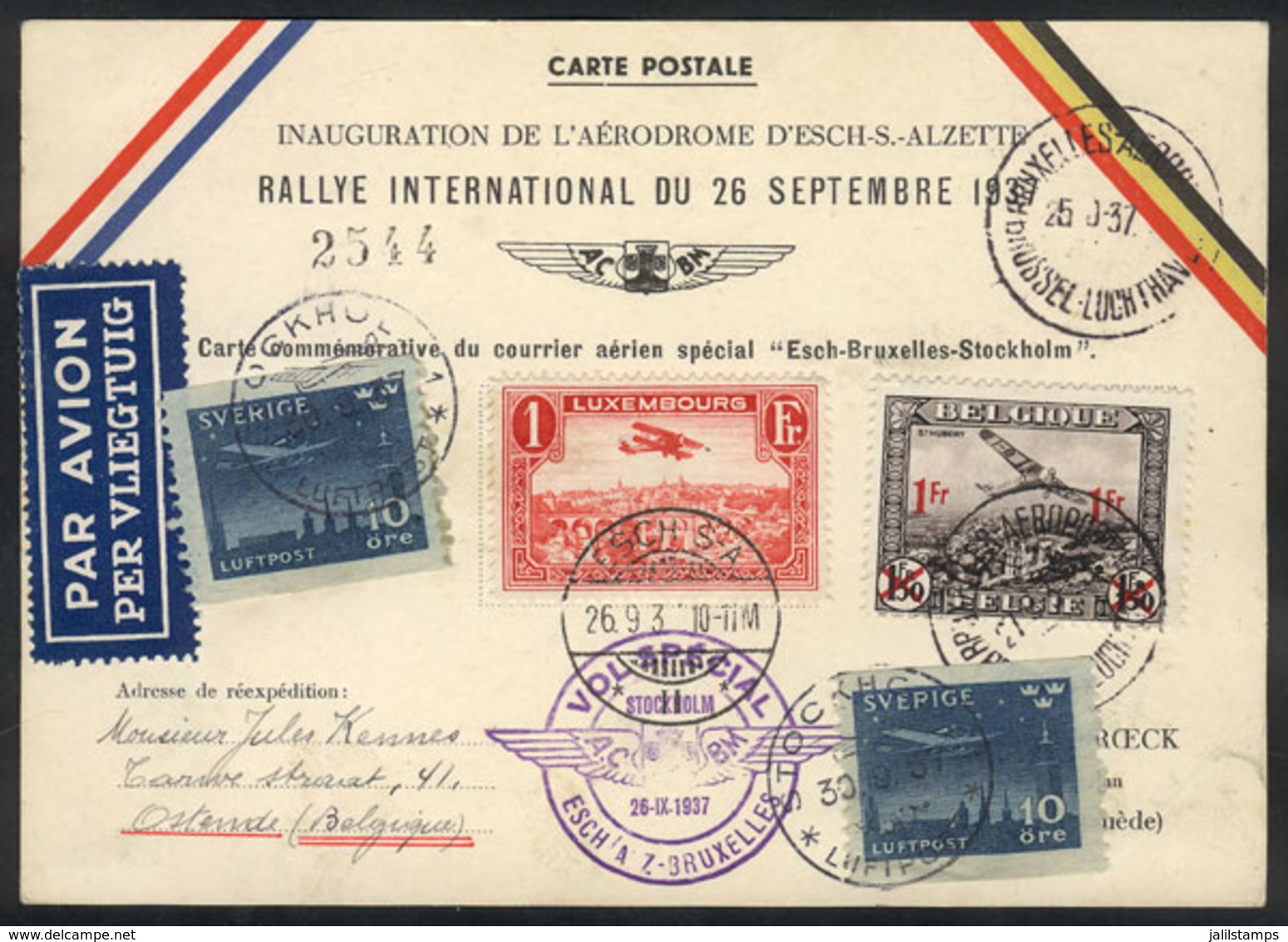 LUXEMBOURG: 26/SEP/1937 Aviation Rally, Inauguration Of The Airport Of Esch-Alzette, And Special Flight To Bruxelles, Ca - Briefe U. Dokumente