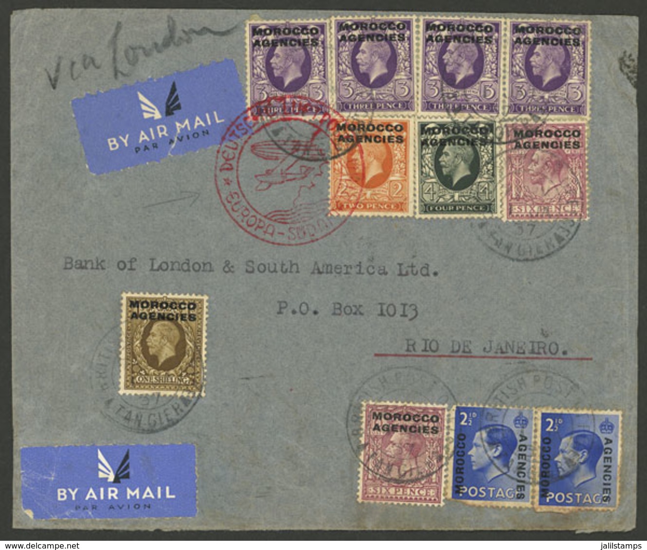 BRITISH MORROCO: 1/JA/1937 Tangier - Rio De Janeiro, Airmail Cover With Handsome Multicolor Postage Sent From Tangier To - Postämter In Marokko/Tanger (...-1958)