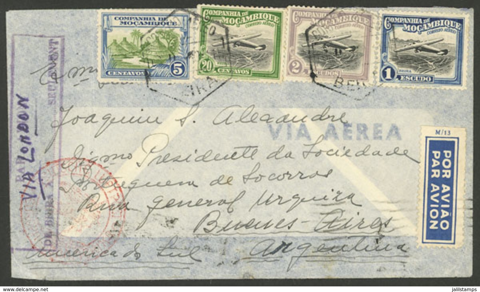 MOZAMBIQUE: MAR/1939 Beira - Argentina, Airmail Cover Franked With Stamps Of Companhia De Mocambique (total 3.25E.), Flo - Mosambik