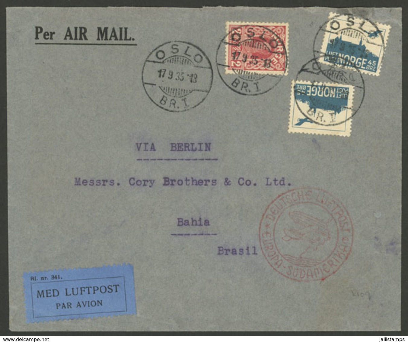 NORWAY: 17/SE/1935 Oslo - Brazil, Airmail Cover Franked With 2.90Kr. Sent By German DLH, With Transit Mark Of Berlin And - Brieven En Documenten