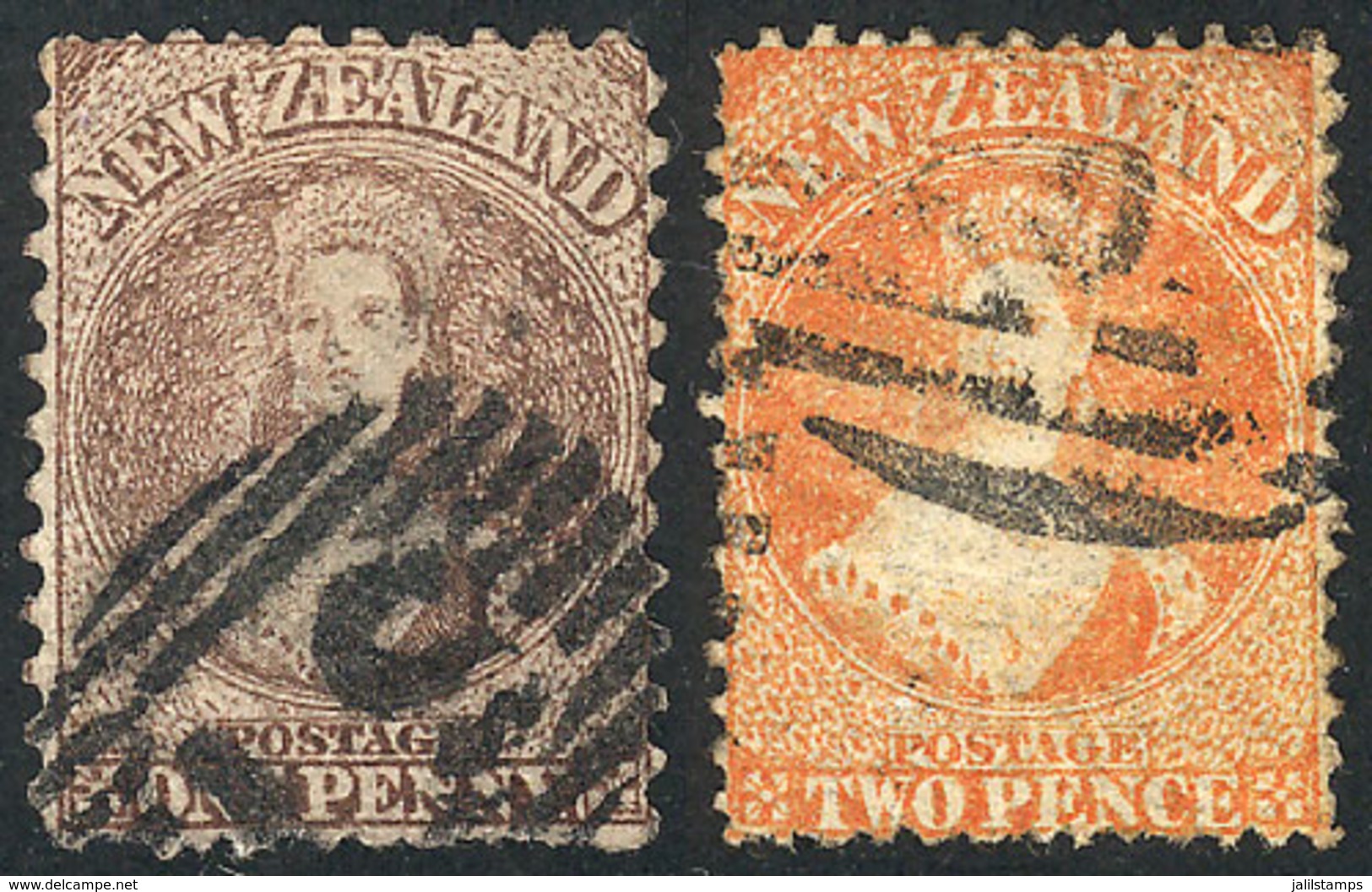 NEW ZEALAND: Sc.38 + 40, 1871 1p. Brown Perf 10 And 2p. Orange Perf 12½, Used, Fine To VF Quality, Catalog Value US$172. - Gebraucht