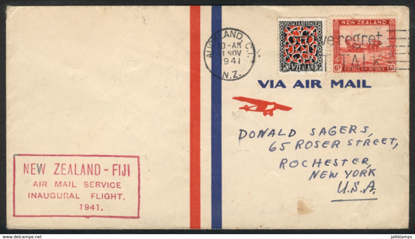 NEW ZEALAND: 11/NO/1941 Auckland - Suva (Fiji): First Flight, Cover With Arrival Backstamp, VF Quality! - Briefe U. Dokumente