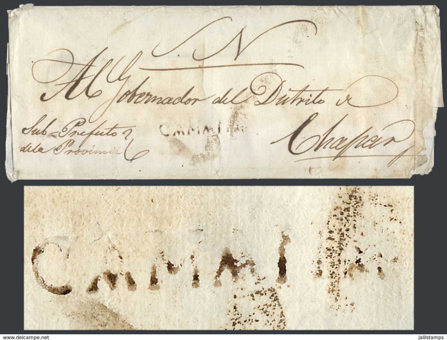 PERU: Circa 1840, Official Folded Cover With Straightline Black CAMANA Mark, Rare! - Peru