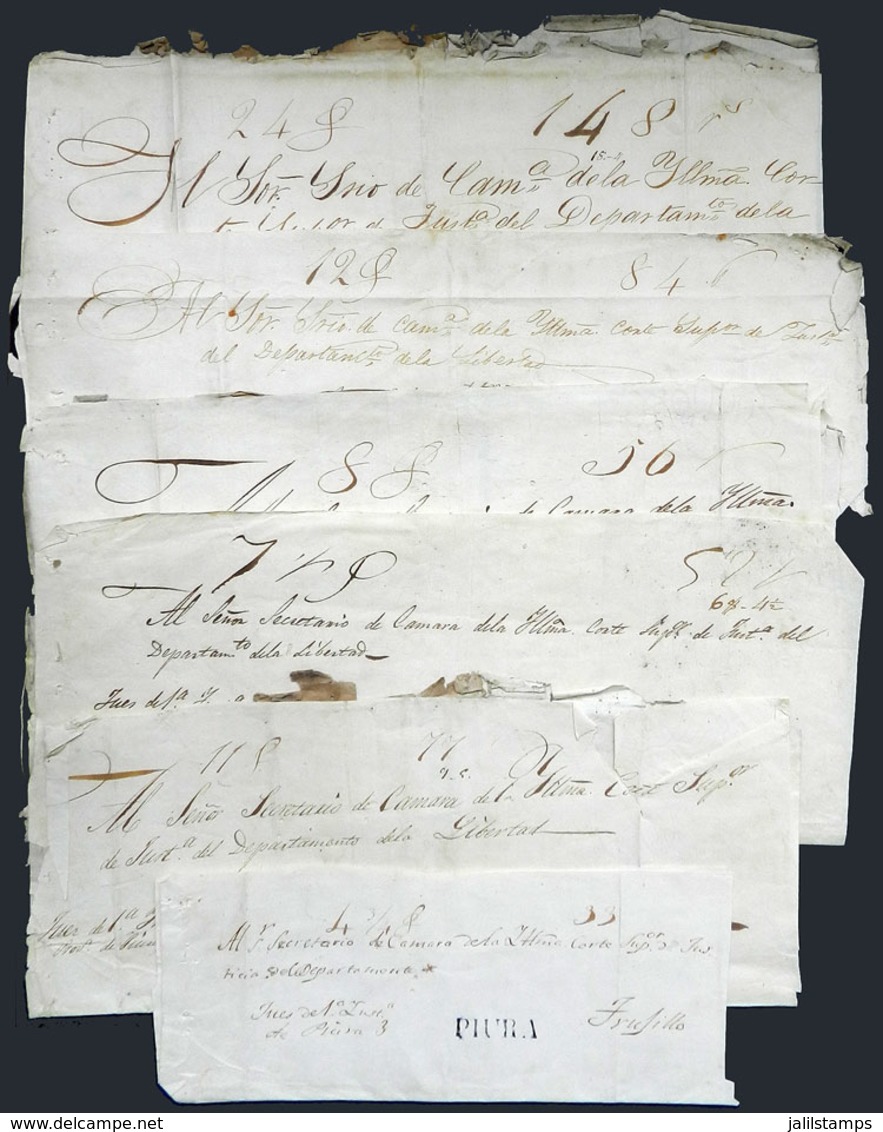 PERU: 6 Official Folded Covers Sent To Trujillo Between 1843 And 1849, All With Straightline Black PIURA Mark, VF Genera - Peru