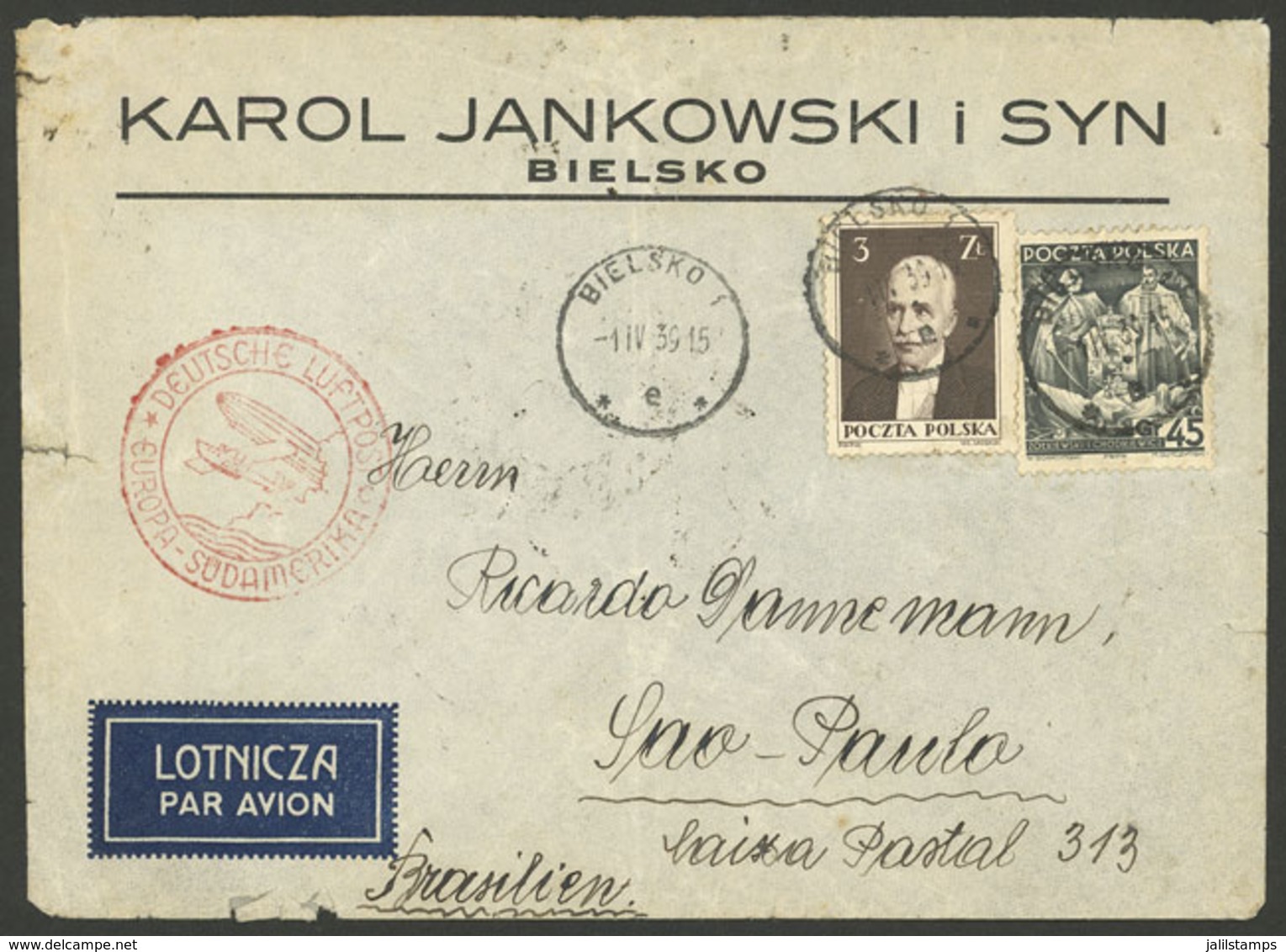 POLAND: 1/AP/1939 Bielsko - Brazil, Airmail Cover Sent By German DLH Franked With 3.45Zl., On Back Berlin Transit Mark A - Briefe U. Dokumente