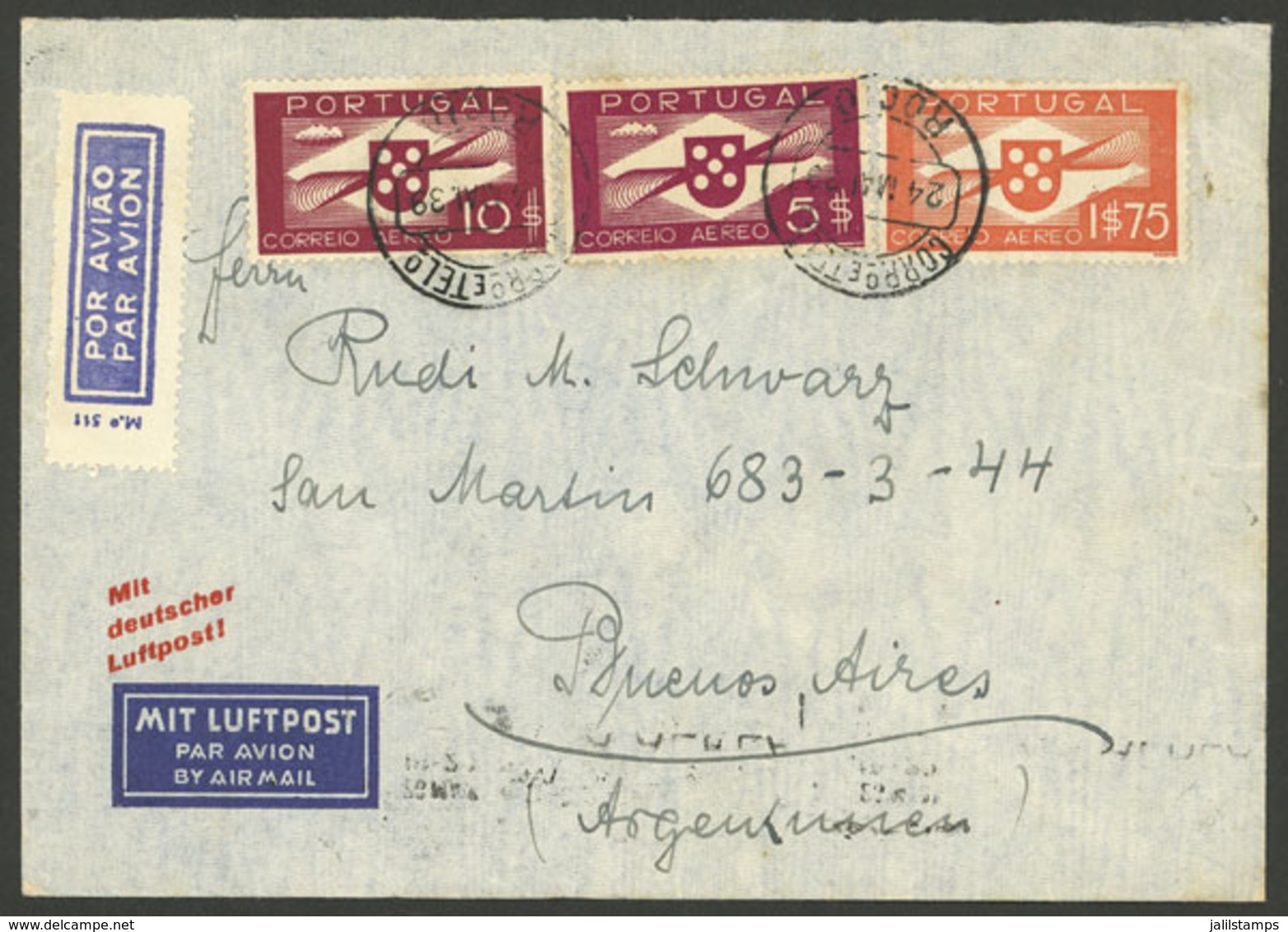 PORTUGAL: 24/MAY/1939 Rocio - Argentina, Airmail Cover Sent By DLH, On Back Lisboa Transit Mark And Buenos Aires Arrival - Briefe U. Dokumente