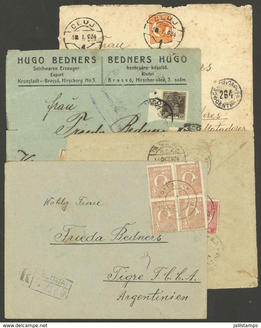 ROMANIA: 4 Registered Covers Sent To Argentina Between 1923 And 1934 With Attractive Postages And Cancels (Bistrita, Clu - Brieven En Documenten
