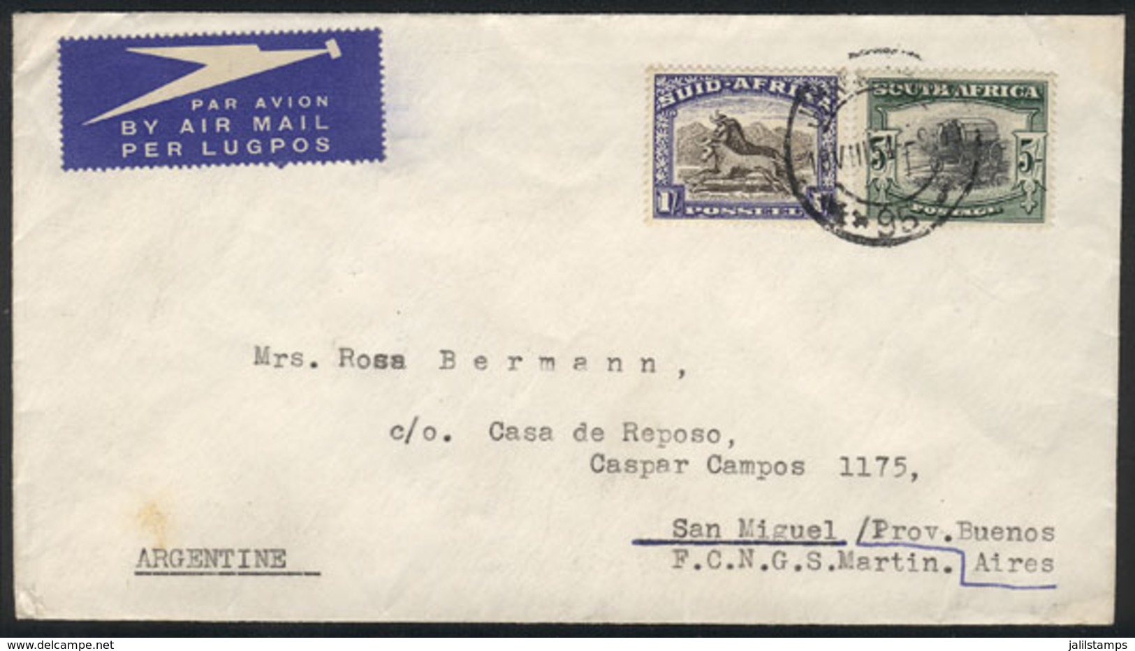 SOUTH AFRICA: Airmail Cover Sent From Johannesburg To Argentina On 18/AU/1954 Franked With 6S., VF Quality! - Sonstige & Ohne Zuordnung