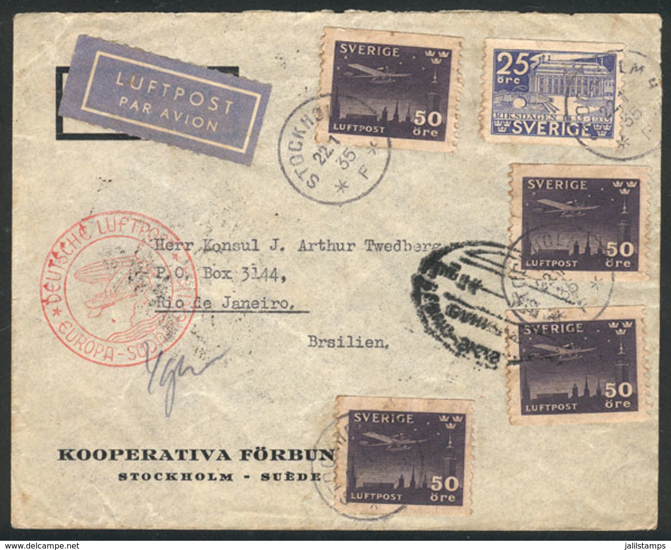 SWEDEN: 22/JA/1935 Stockholm - Brazil, Airmail Cover Sent By German DLH Franked With 2.25Kr., Arrival Backstamp Of Rio D - Cartas & Documentos