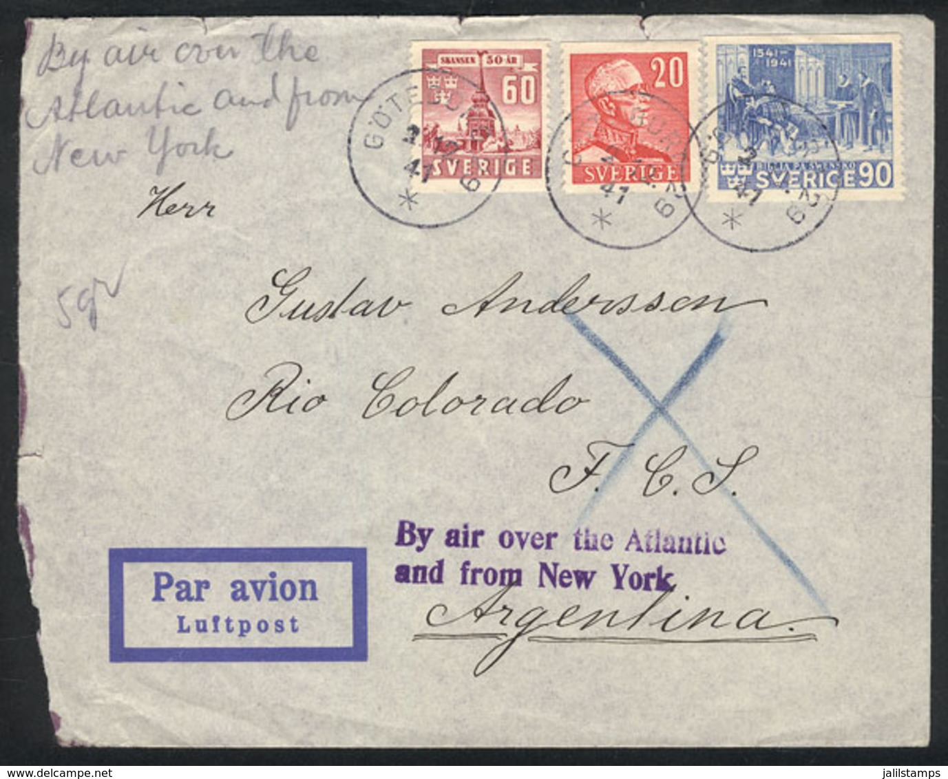 SWEDEN: Airmail Cover Sent From Göteborg To Argentina On 2/DE/1941, With Interesting Violet Mark: "By Air Over The Atlan - Cartas & Documentos