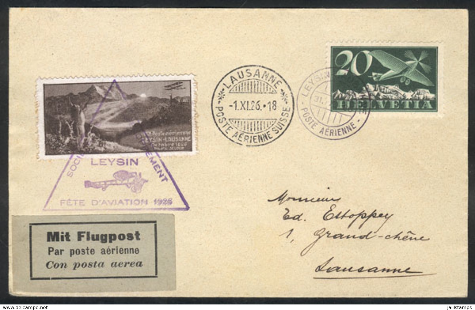 SWITZERLAND: 1/NO/1926 Cover Flown In The Air Festival Of Lausanne, With Cinderella And Special Handstamp, Excellent! - Briefe U. Dokumente