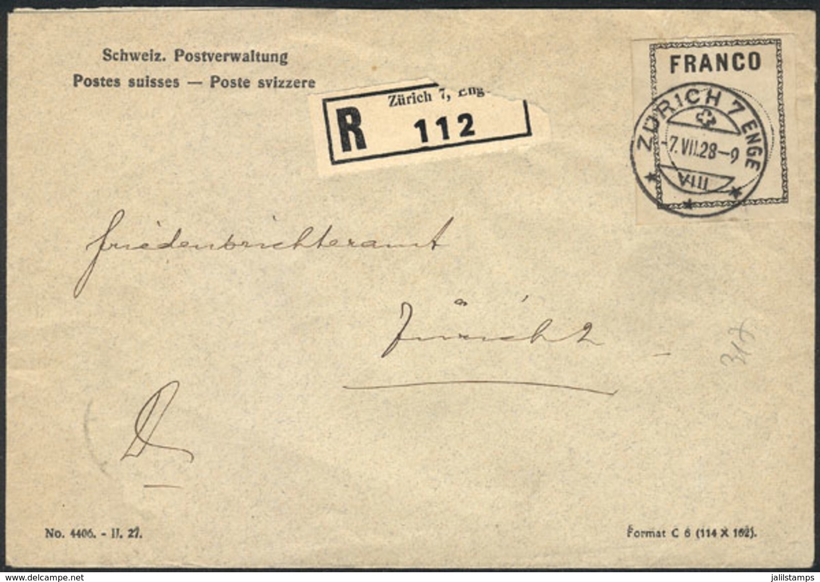 SWITZERLAND: Cover With Franchise Stamp, Used In Zürich On 7/JUL/1928, Very Fine Quality! - Brieven En Documenten