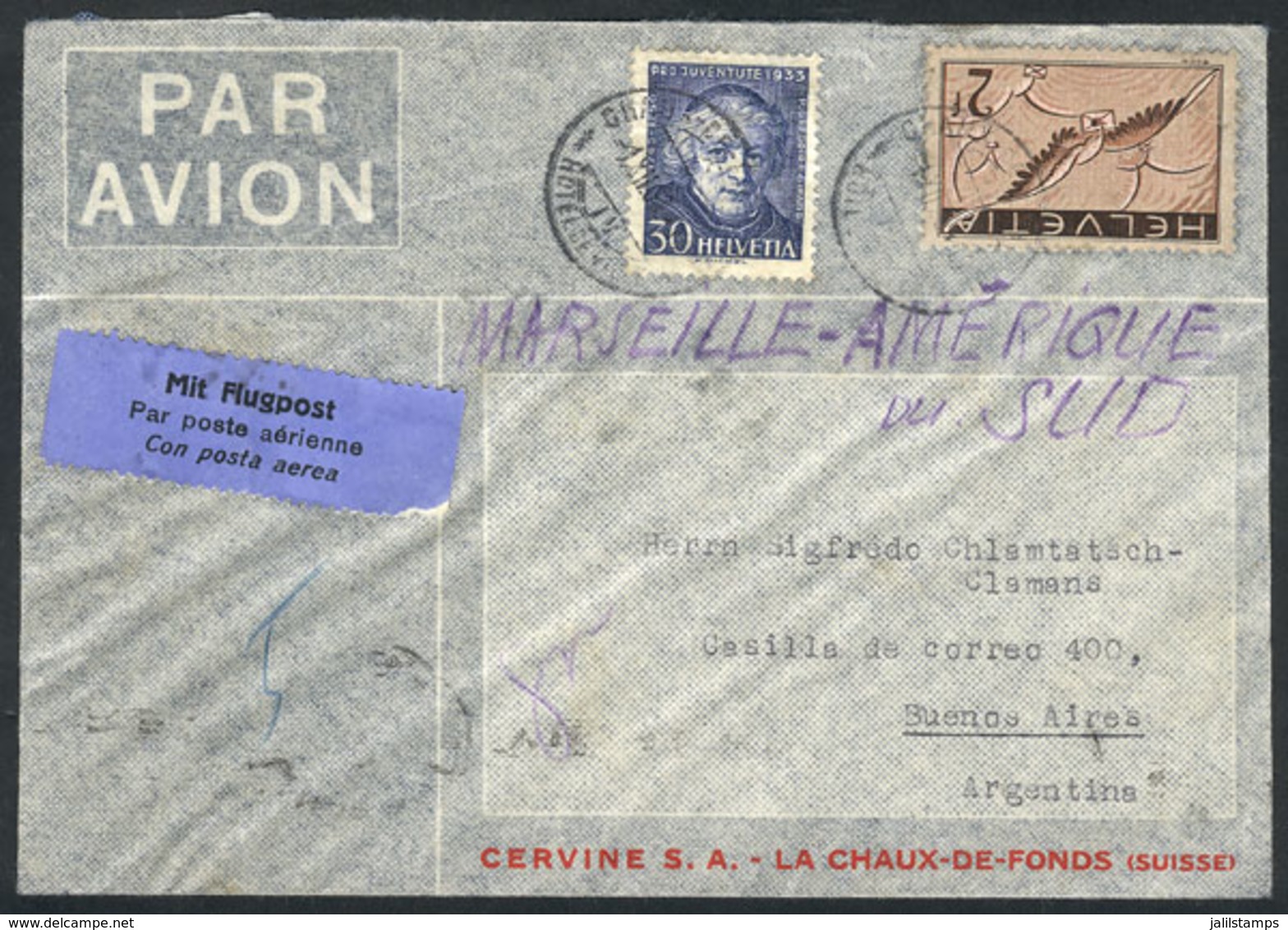 SWITZERLAND: Airmail Cover Sent To Argentina On 1/DE/1933 Franked With 2.30Fr., VF Quality! - Briefe U. Dokumente