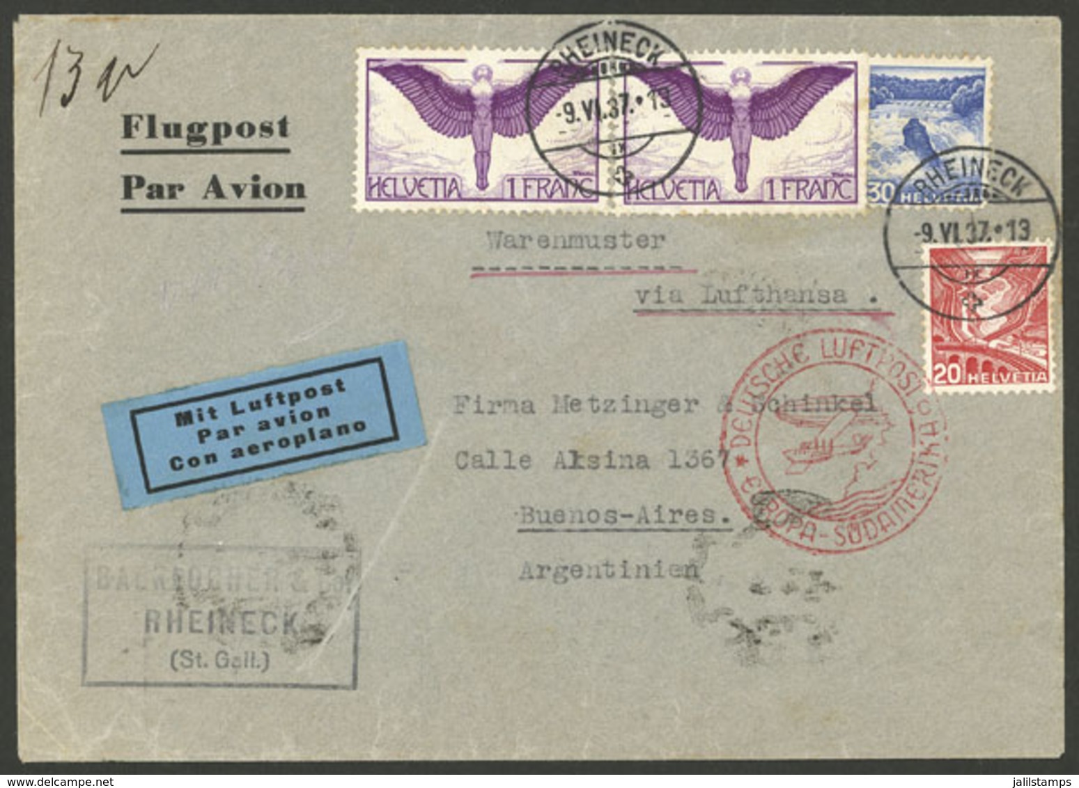 SWITZERLAND: 9/JUN/1937 Rheineck - Argentina, Airmail Cover Sent By German DLH With Postage Of SAMPLES WITHOUT VALUE (2. - Briefe U. Dokumente