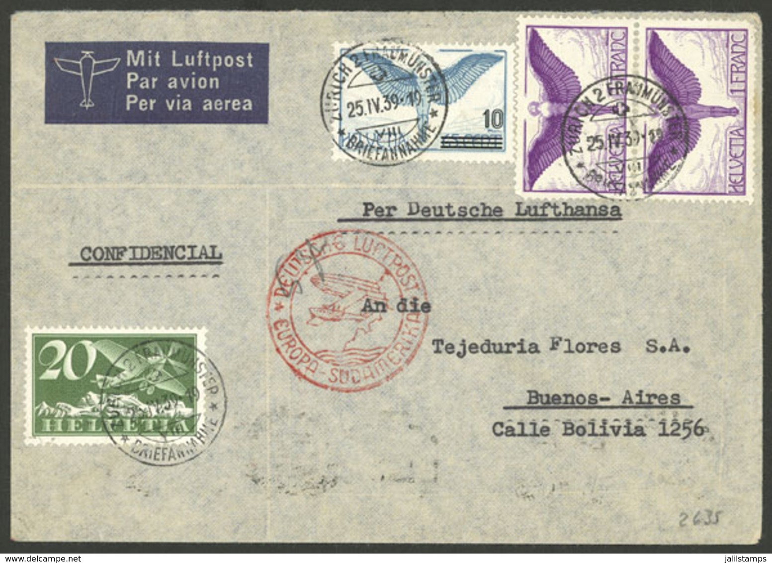 SWITZERLAND: 25/AP/1939 Zurich - Argentina, Airmail Cover Sent By German DLH Franked With 2.30Fr., With Arrival Backstam - Storia Postale