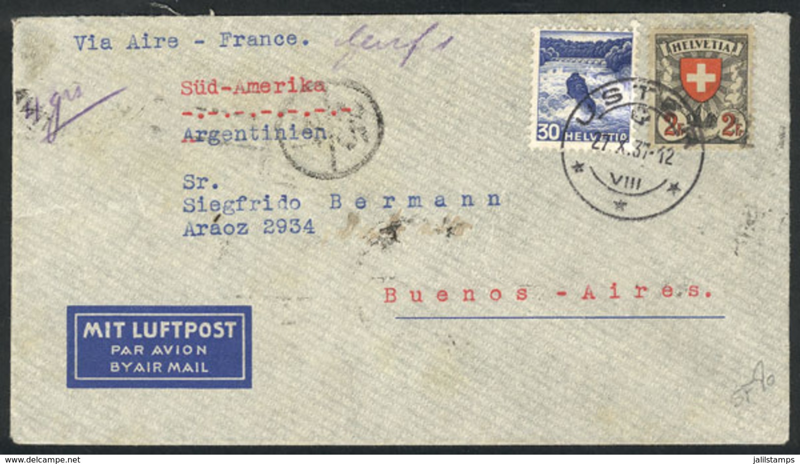 SWITZERLAND: Airmail Cover Sent From Uster To Argentina On 27/OC/1937 Franked With 2.30Fr., VF Quality! - Briefe U. Dokumente