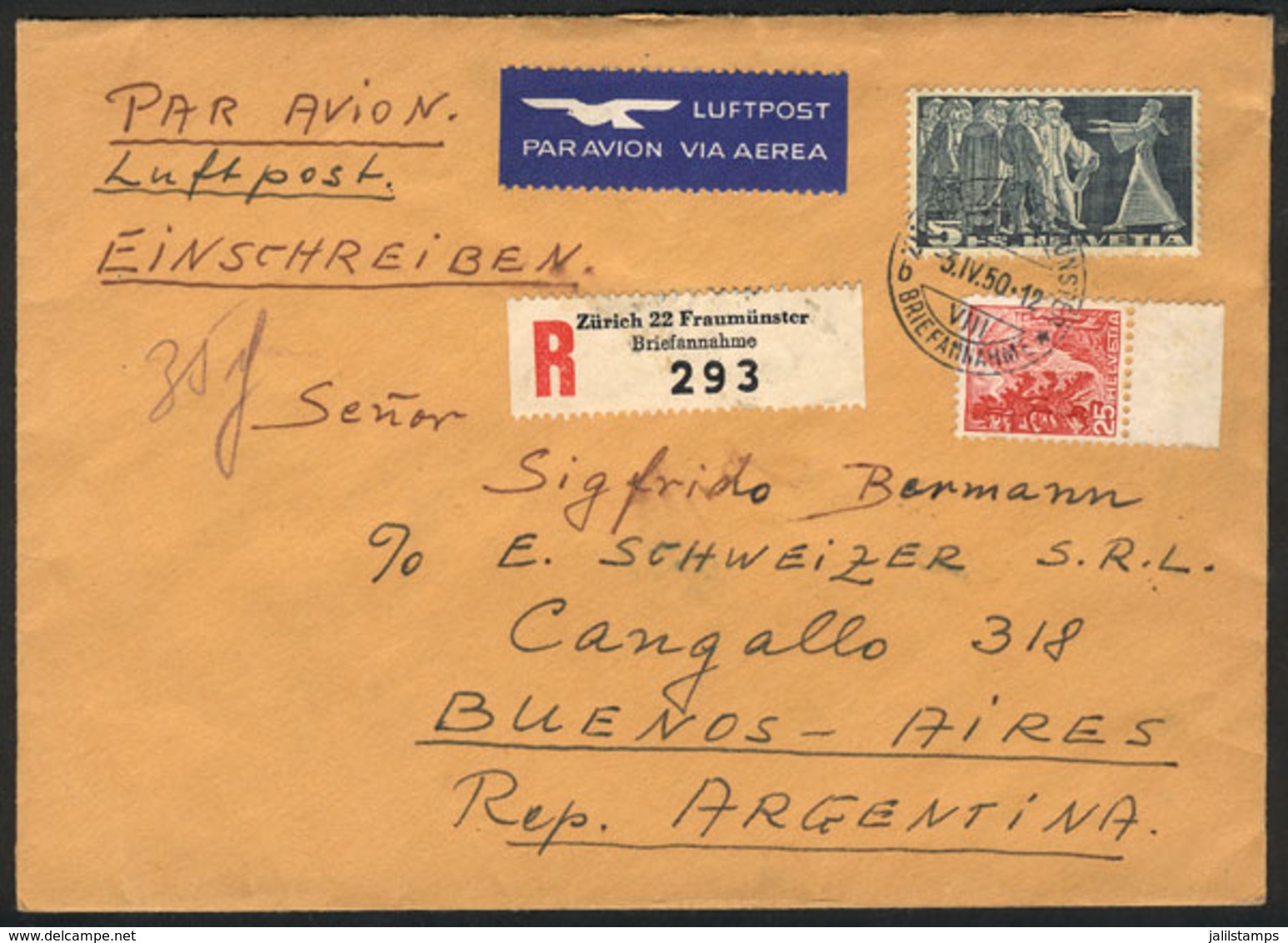 SWITZERLAND: Registered Airmail Cover Sent From Zürich To Argentina On 3/AP/1950 Franked With 5.25Fr., VF Quality! - Briefe U. Dokumente