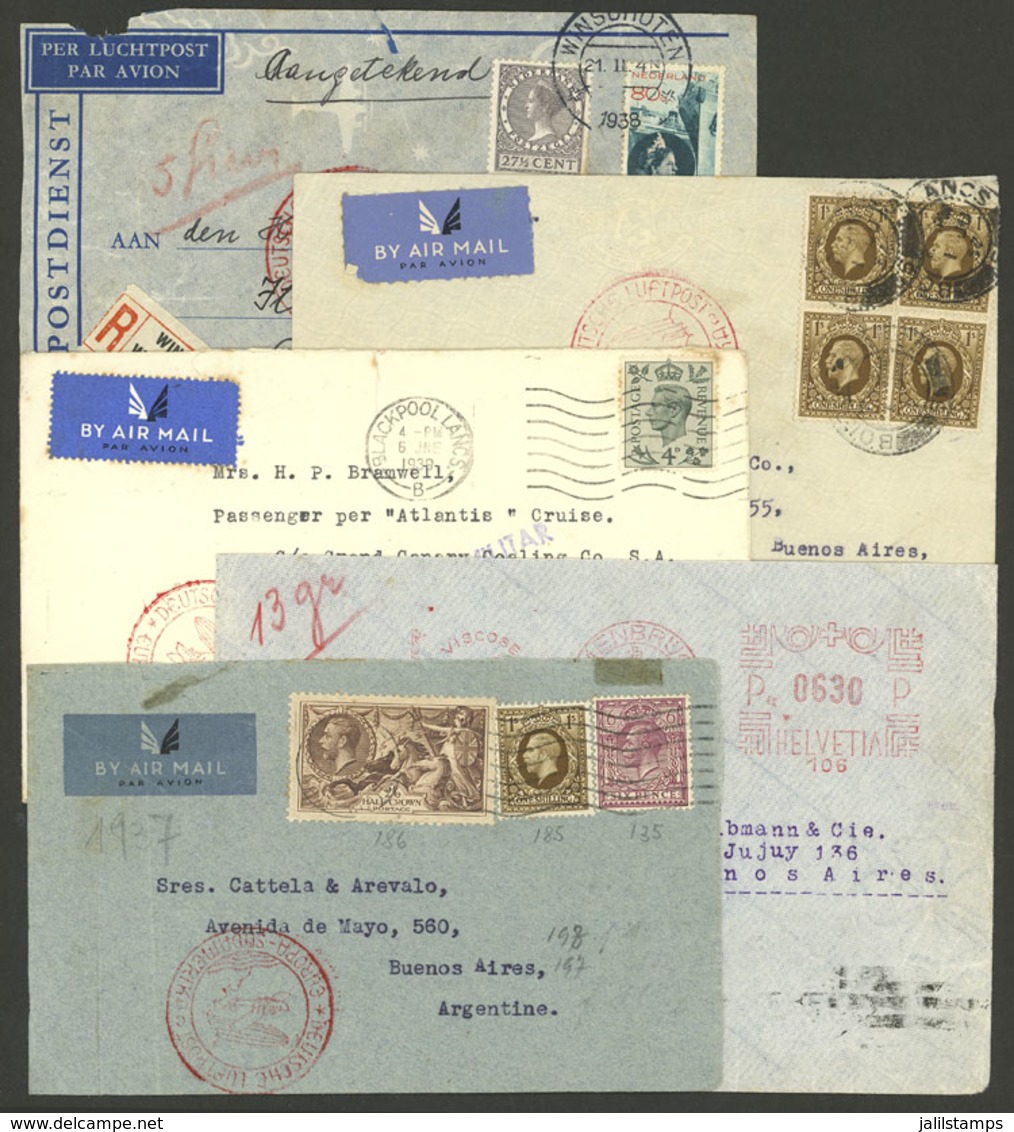 WORLDWIDE: 5 Airmail Covers Sent From Europe To South America (one To Canary Islands) Between 1937 And 1939, All Flown B - Sonstige & Ohne Zuordnung