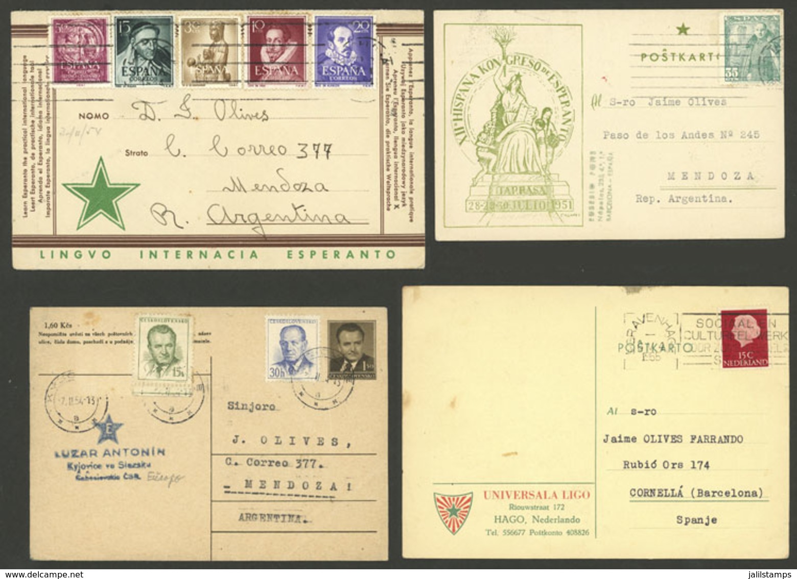 WORLDWIDE: ESPERANTO: 4 Cards Or Cover Of Several Countries Sent To Argentina Between 1951 And 1955, All With Texts And/ - Andere & Zonder Classificatie