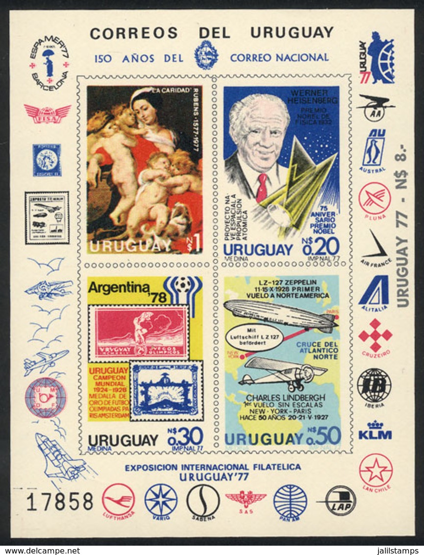 URUGUAY: Sc.982a, 1977 Various Topics (painting, Football, Aviation, Maps Etc.), Imperf Souvenir Sheet Issued Without Gu - Uruguay