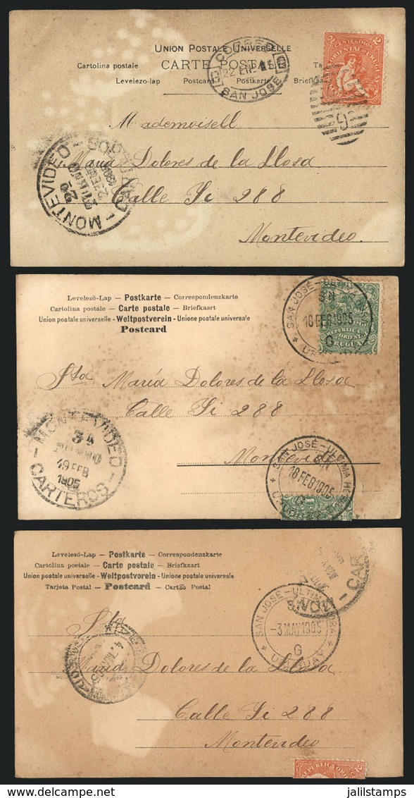 URUGUAY: 3 Postcards Sent From San José To Montevideo In 1905, All Franked With 2c. And Interesting Cancels: Oval "Corre - Uruguay