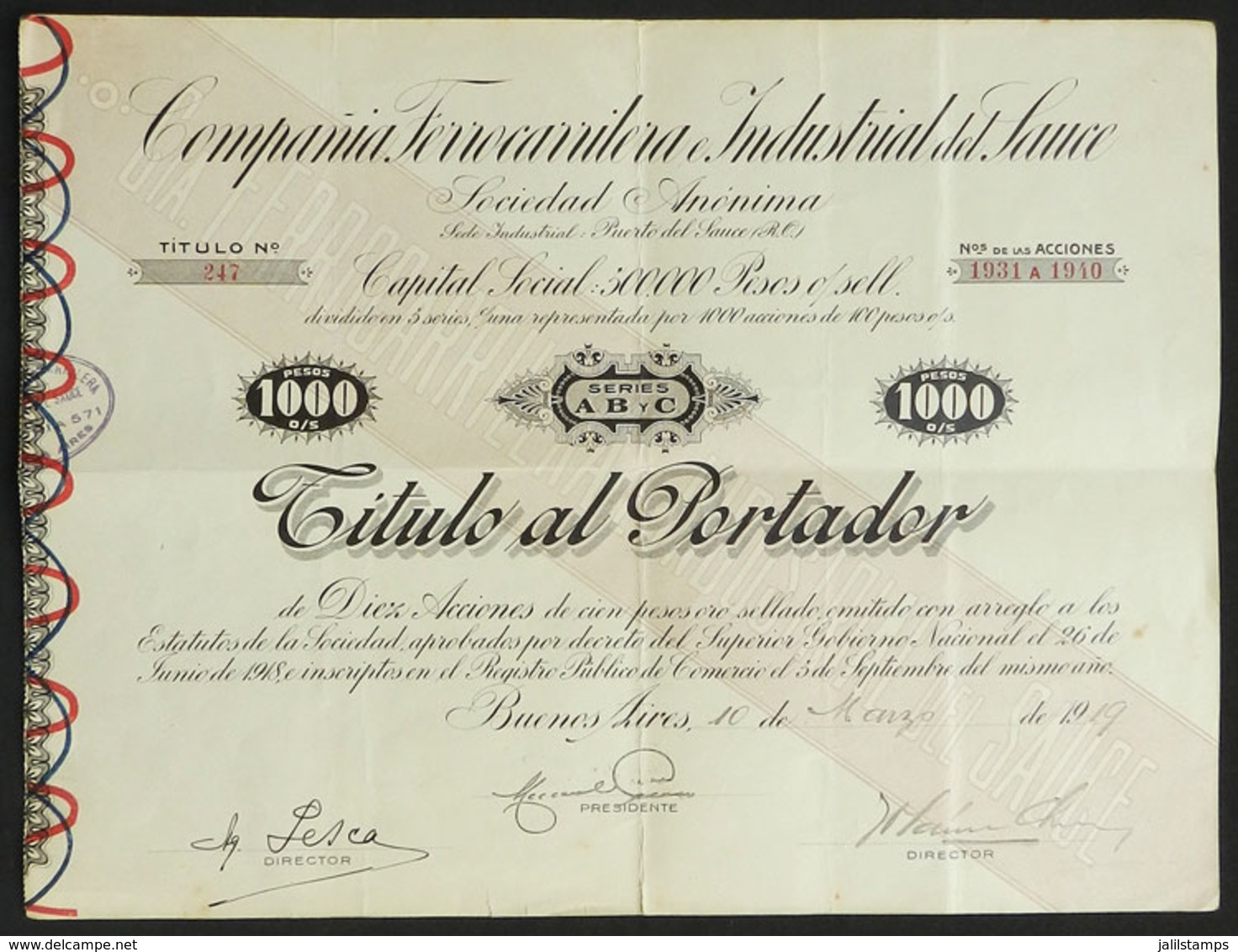 URUGUAY: Certificate For 10 Shares Of The Year 1919: Railway Company Compañía Ferrocarrilera E Industrial Del Sauce, Wit - Sonstige & Ohne Zuordnung