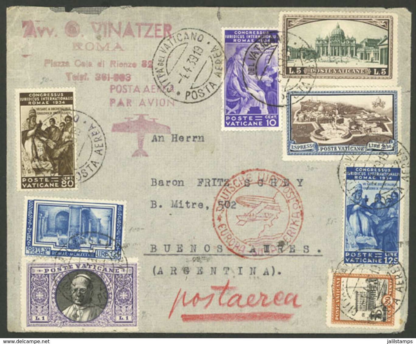 VATICAN: 4/AP/1939 Vatican - Argentina, Airmail Cover Flown By German DLH With Spectacular Multicolor Franking, Arrival  - Briefe U. Dokumente