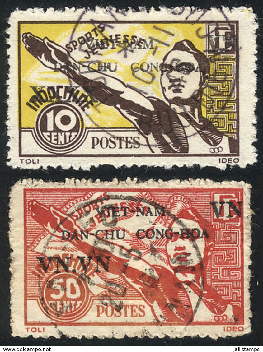 VIETNAM: Sc.1L4/5, 1944 Athletes, Cmpl. Set Of 2 Overprinted Values Of Indochina, Used, VF And Rare! - Vietnam