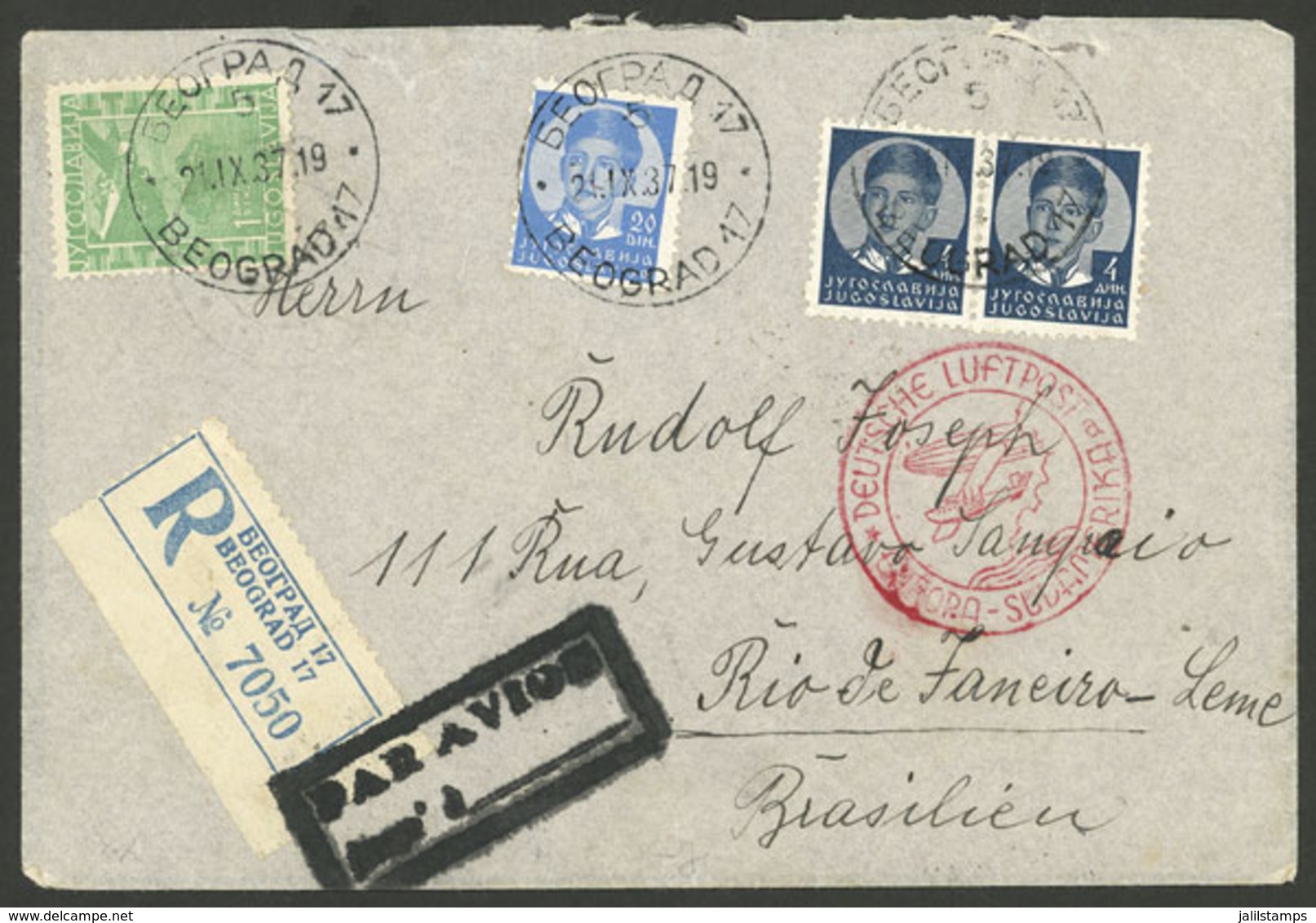 YUGOSLAVIA: 21/SE/1937 Beograd - Brazil, Registered Airmail Cover Sent By German DLH, With Transit Marks Of Zemun, Berli - Briefe U. Dokumente