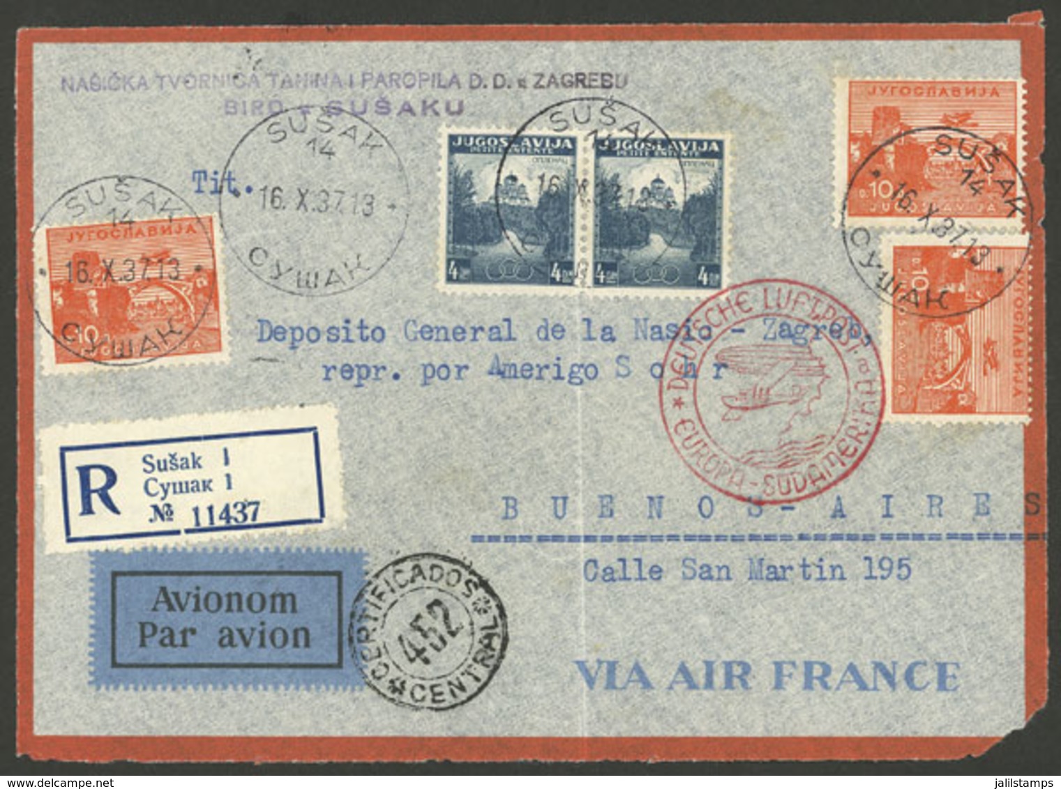 YUGOSLAVIA: 16/OC/1937 Susak - Argentina, Front Of Registered Airmail Cover Flown By German DLH, With Buenos Aires Arriv - Briefe U. Dokumente