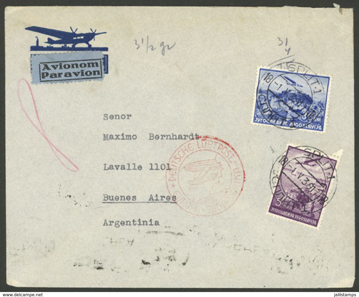 YUGOSLAVIA: 1/MAY/1939 Split - Argentina, Airmail Cover Sent By German DLH Franked With 35D., On Back It Bears Transit M - Briefe U. Dokumente
