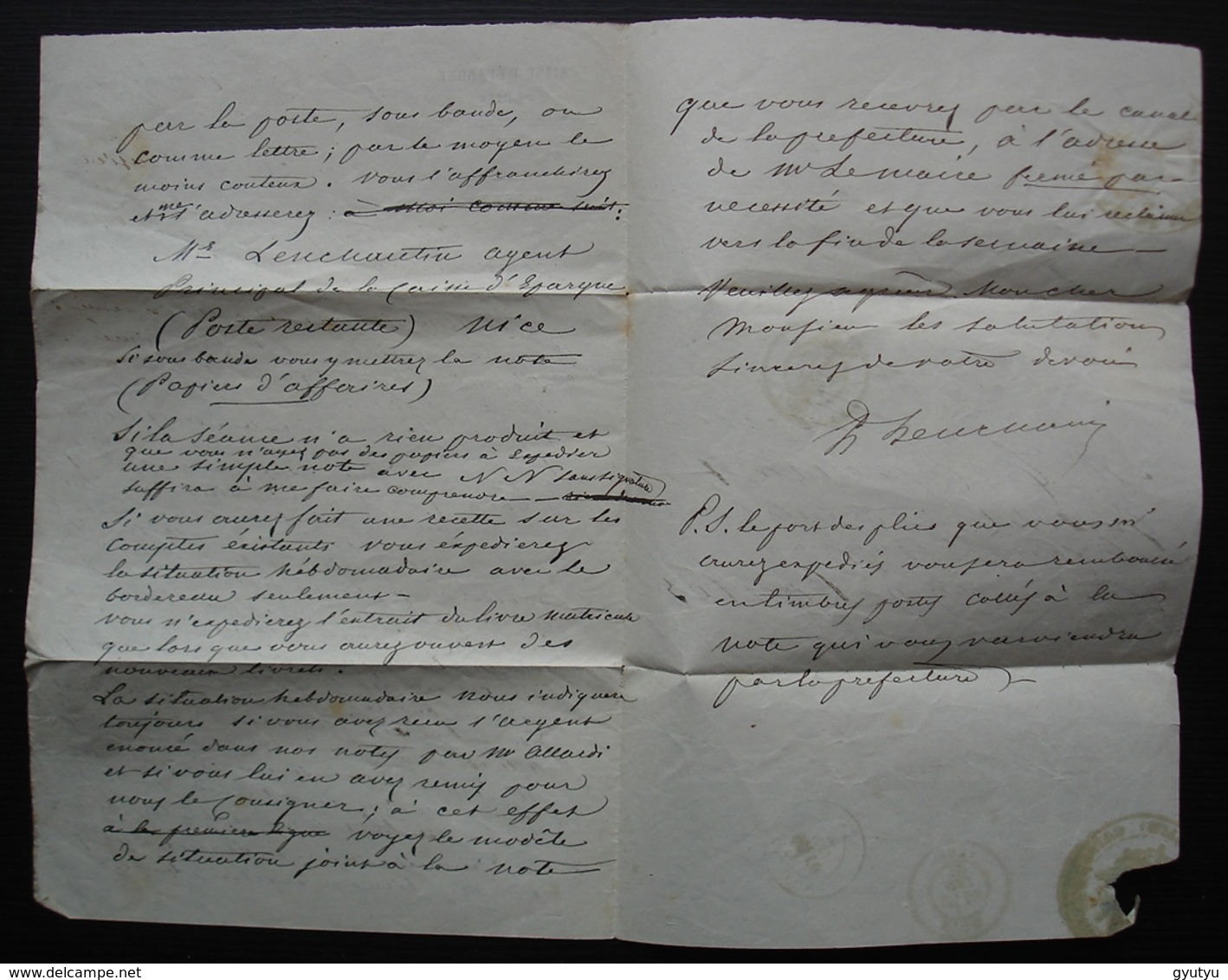 Caisse D'épargne De Nice 1870 Cachet à L'arrière Et En Tête Pour La Caisse D'épargne De Contes - 1849-1876: Classic Period