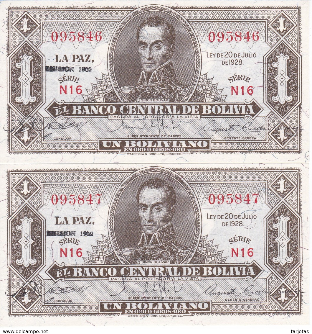 PAREJA CORRELATIVA DE BOLIVIA DE 1 BOLIVIANO DEL AÑO 1928  SERIE N16 (BANKNOTE) EMISION 1952 - Bolivia